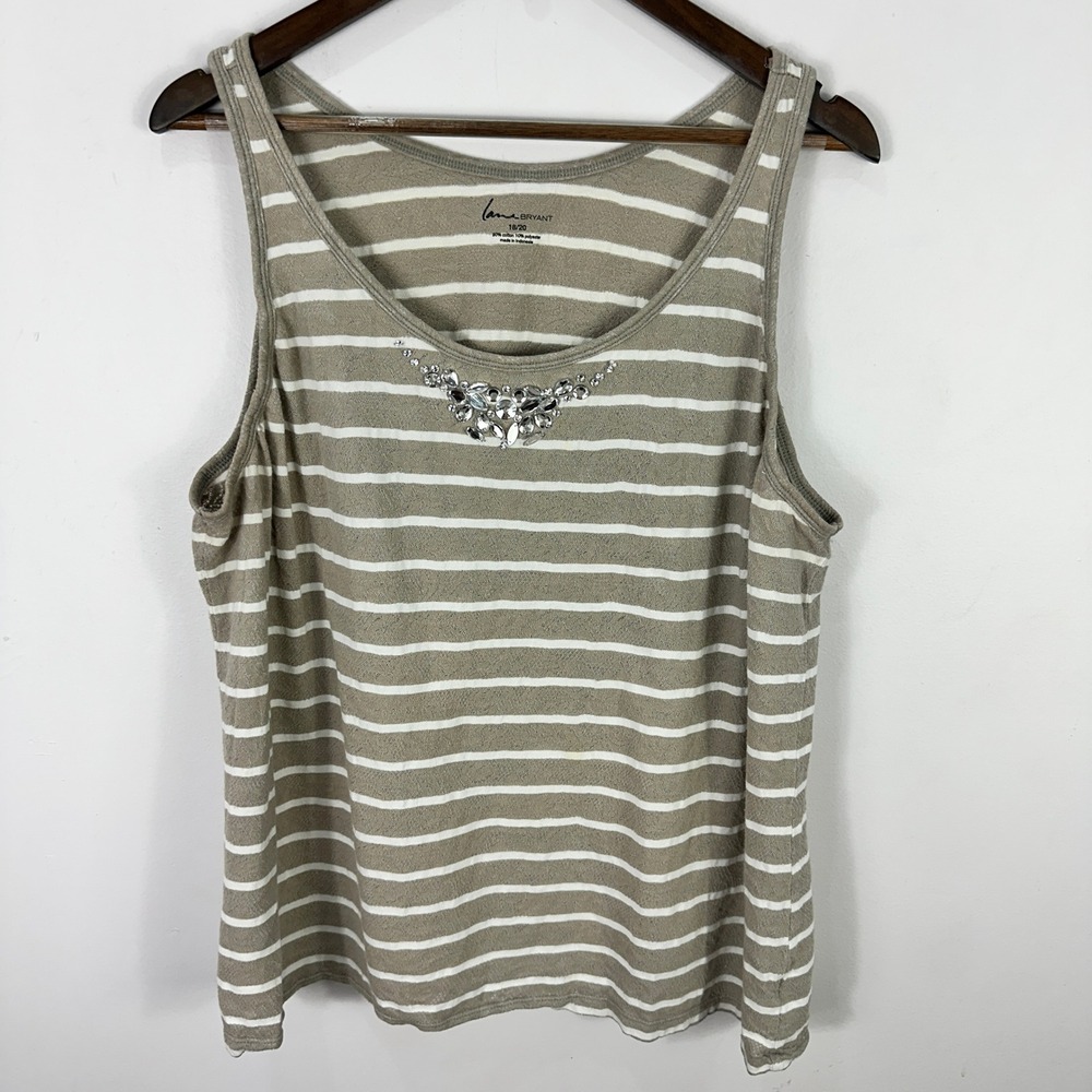 Lane Bryant Tank Top Plus 18 Beige White Stripe Sleeveless Casual Knit